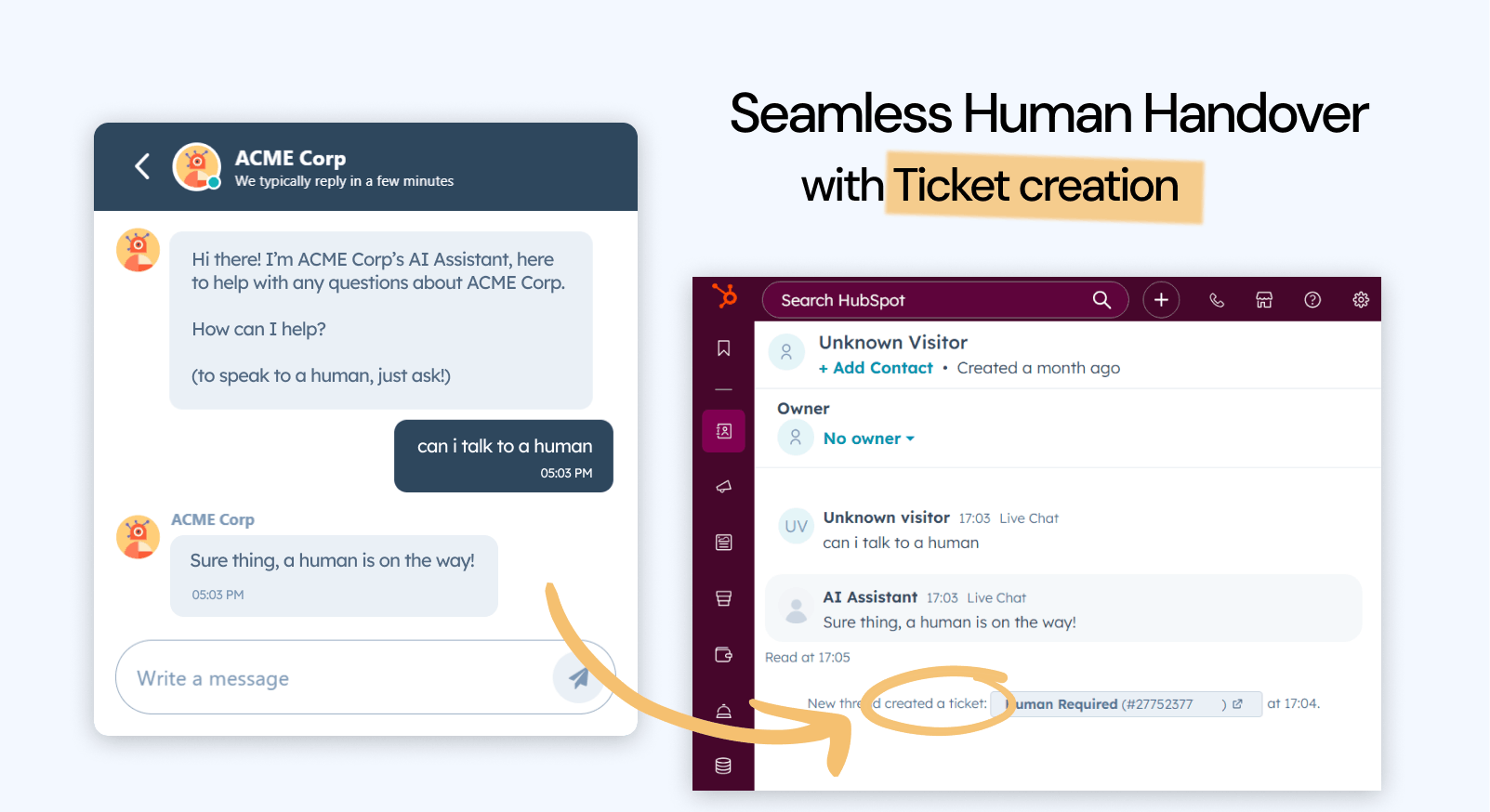 Screenshot showing a customer asking for a human and the AI creating a ticket within HubSpot