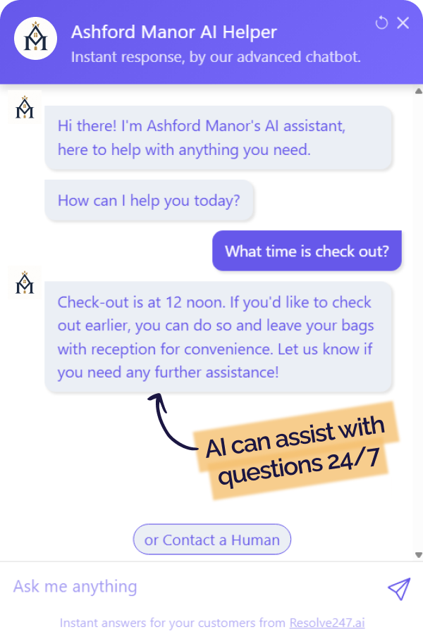 AI chatbot answering a hotel guest's question