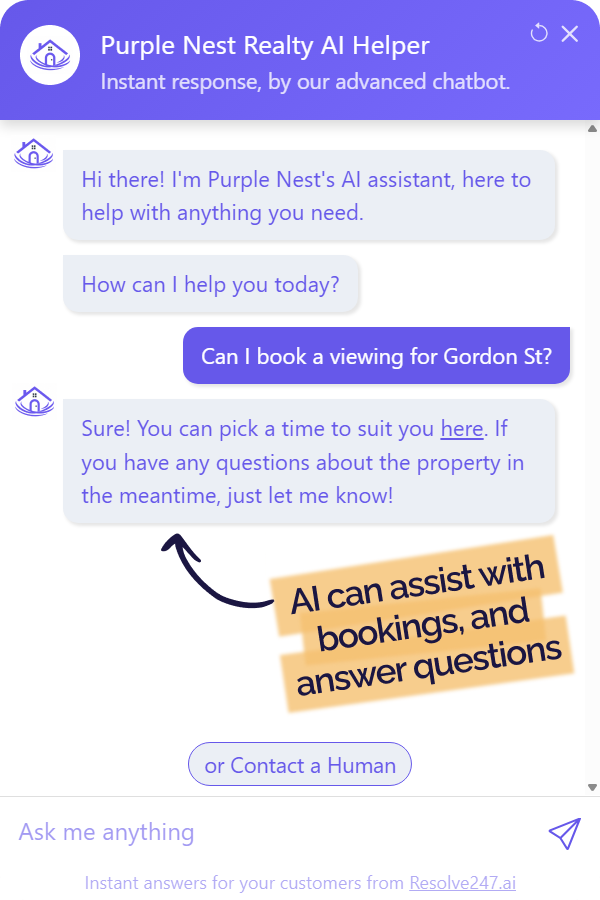 AI chatbot capturing a real estate lead and offering a viewing time
