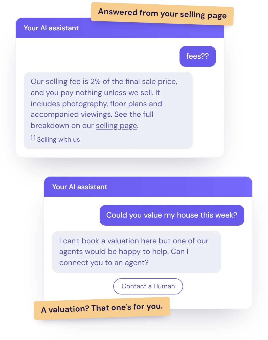 Illustration of two example chatbot conversations: a selling fees question answered from the business's own selling page with a source link, and a valuation request handed over to the team.