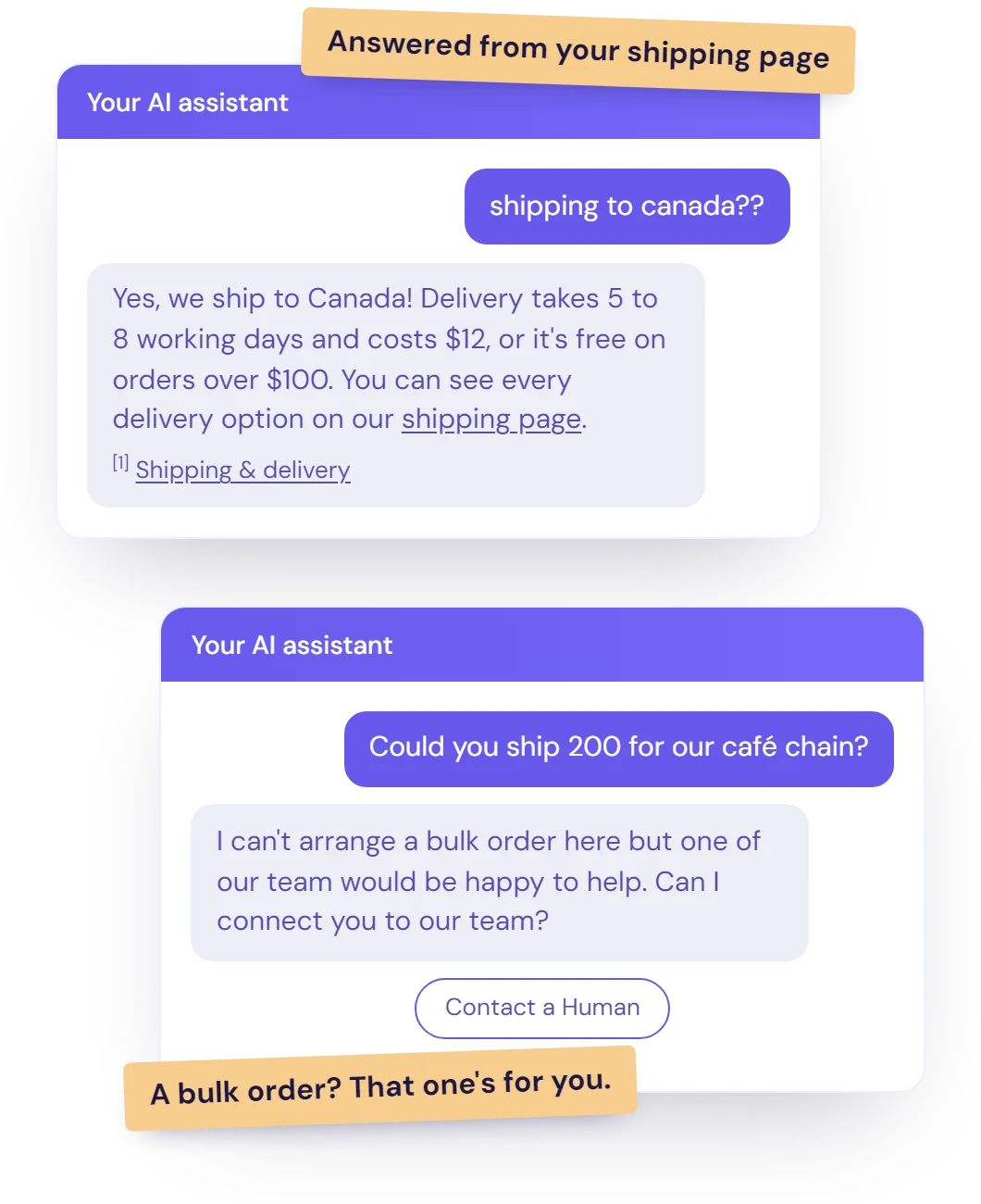 Illustration of two example chatbot conversations: a international shipping question answered from the business's own shipping page with a source link, and a bulk order handed over to the team.