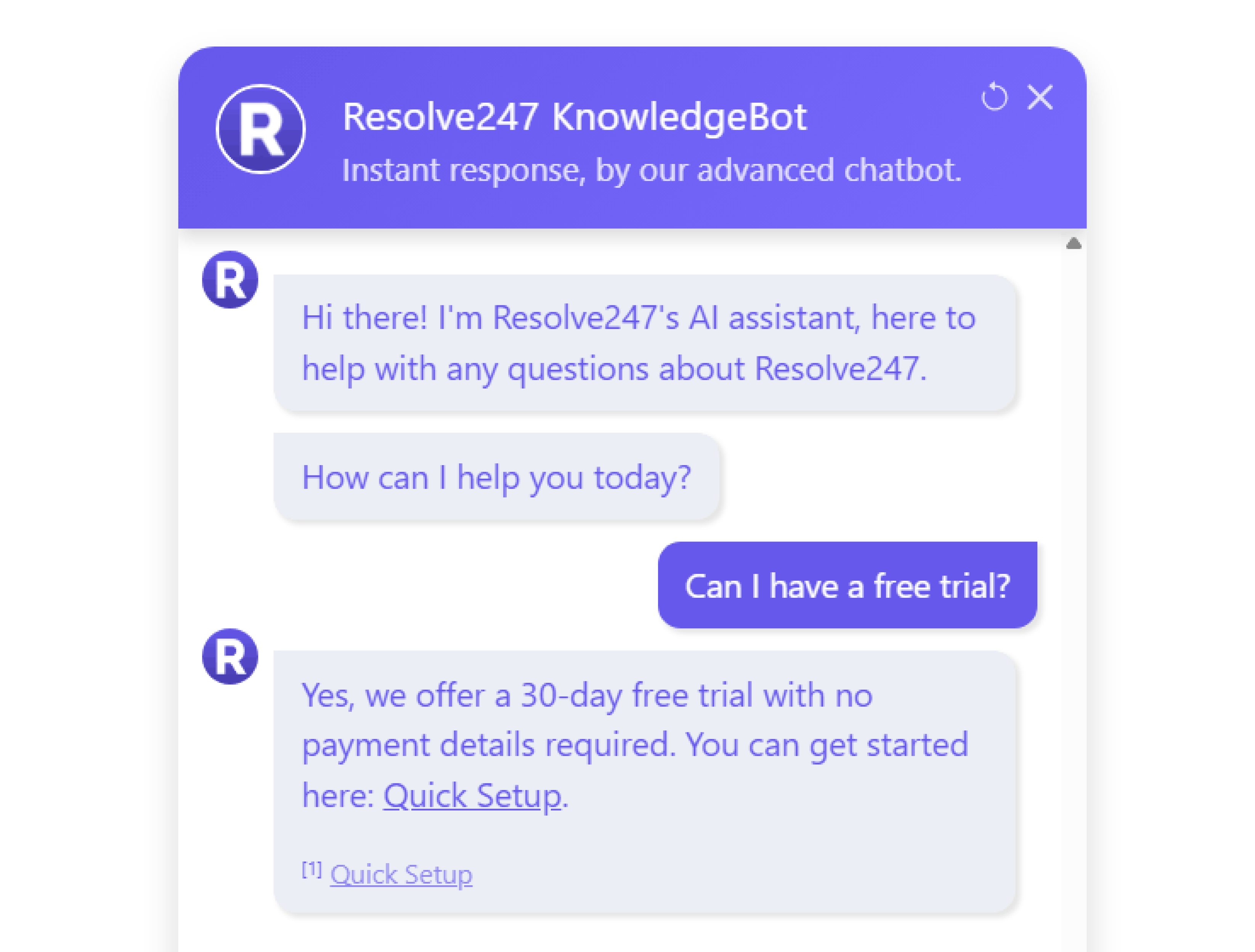 AI chatbot widget screenshot showing conversation interface