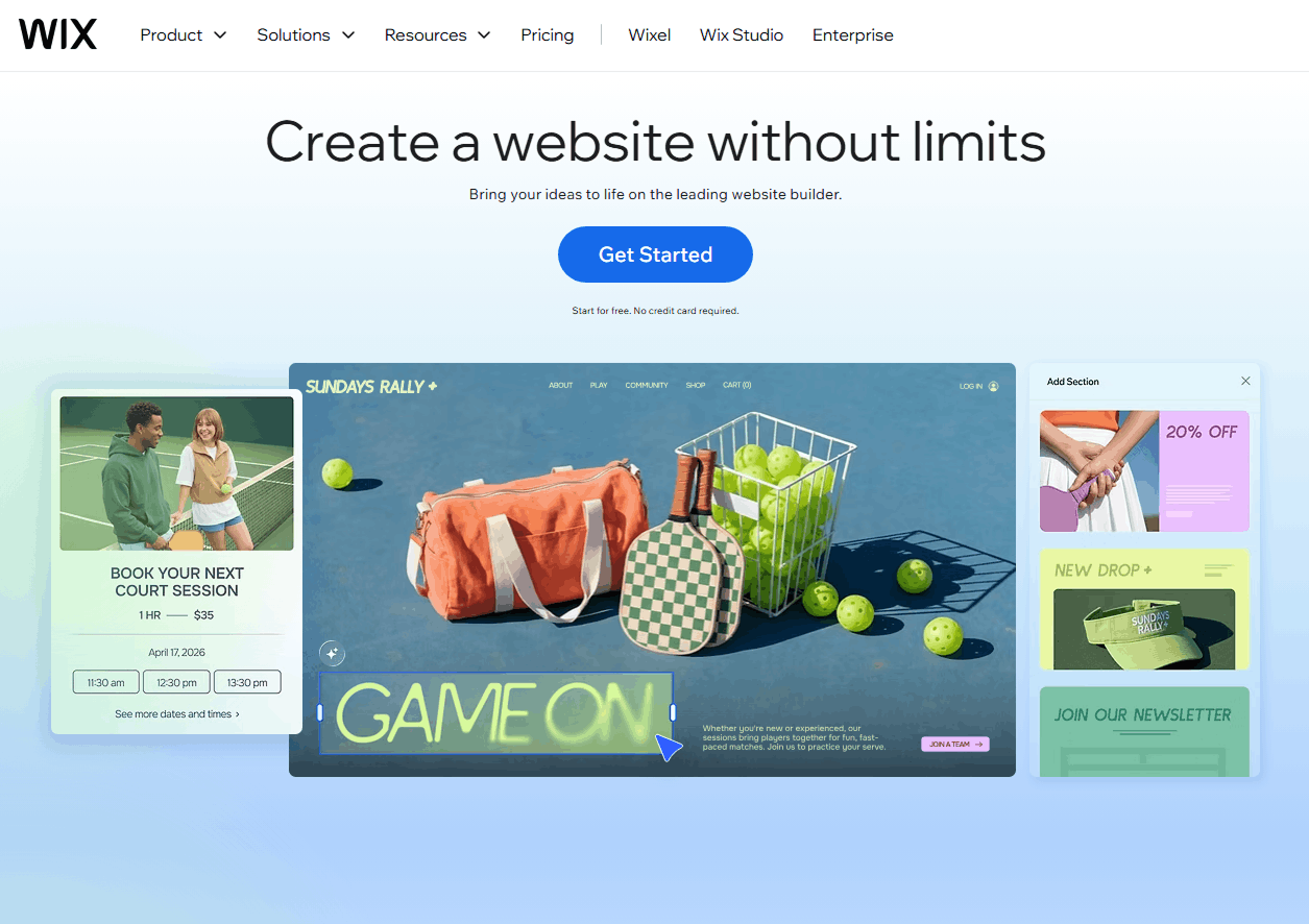 Screenshot of Wix website landing page