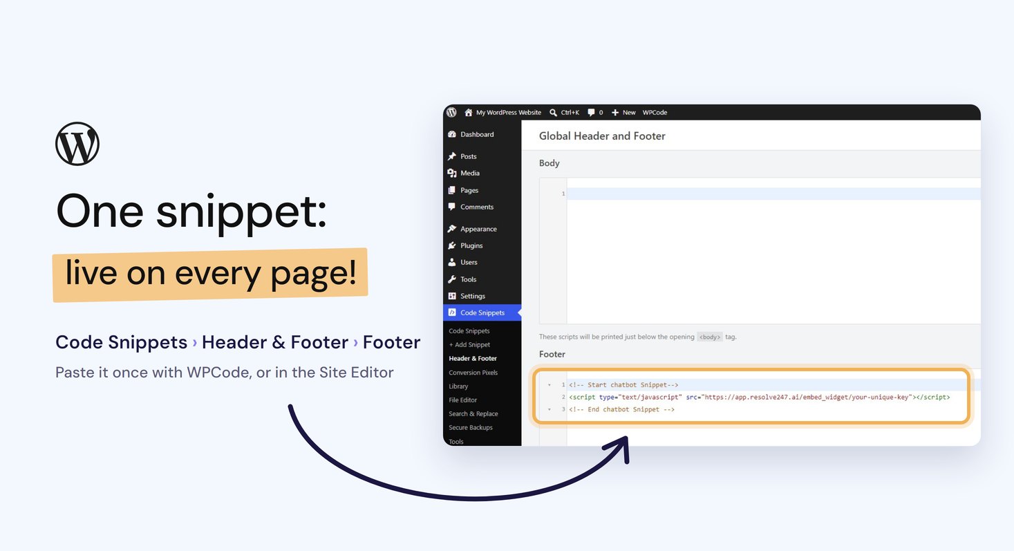 WPCode's Header and Footer screen in WordPress, with the chatbot snippet pasted into the Footer box