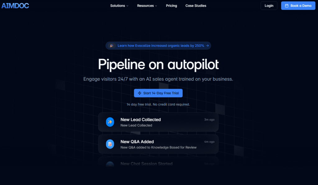 Screenshot of Aimdocs's website for their AI lead generation