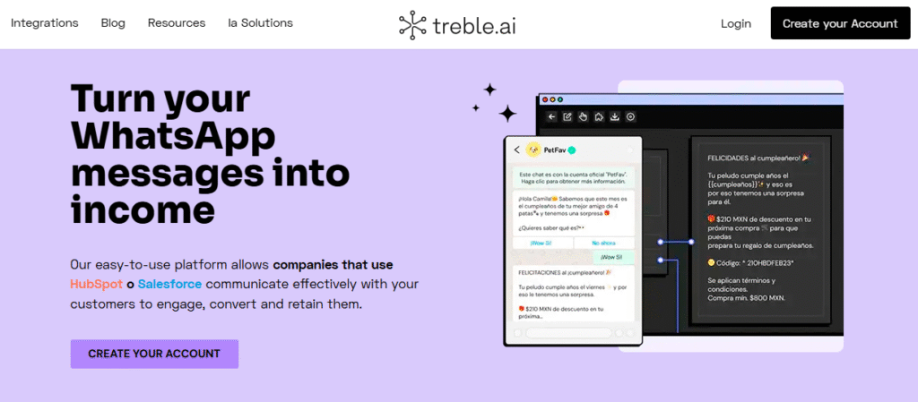 Screenshot of trebla.ai's website for their WhatsApp and HubSpot integration