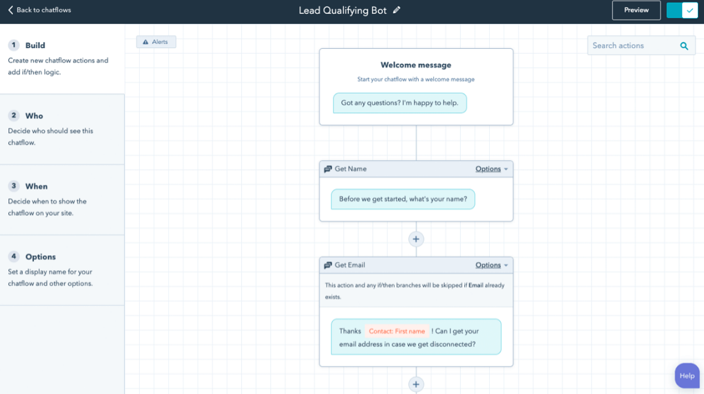 Screenshot of HubSpot's chatflow builder