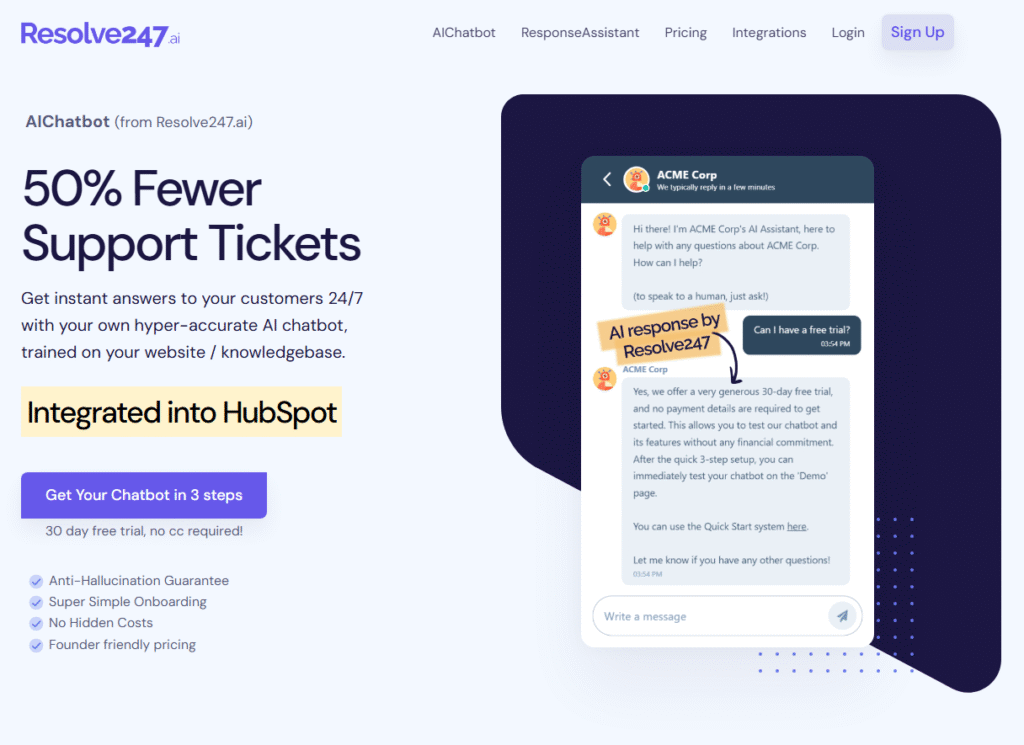 Screenshot of Resolve247's website for the HubSpot AI Chatbot integration