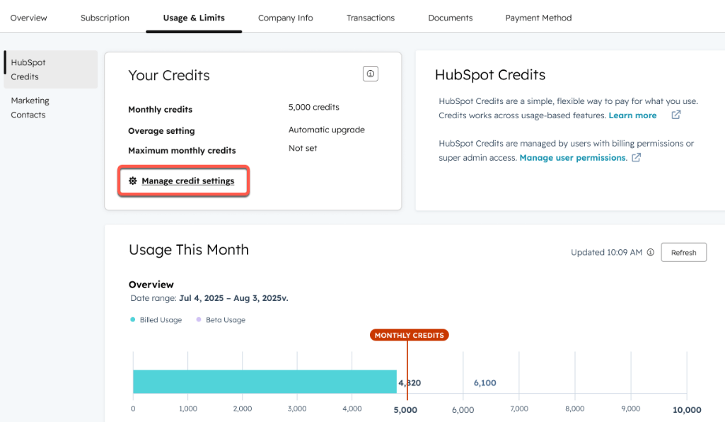 A screenshot of the hubspot dashboard showing where you can manage credit settings to set ai agent pricing to pay as you go