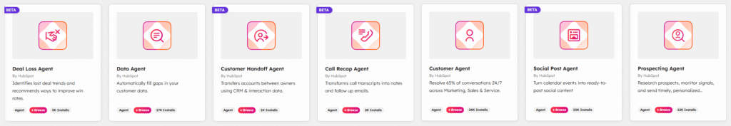 screenshot of some of HubSpot AI agents