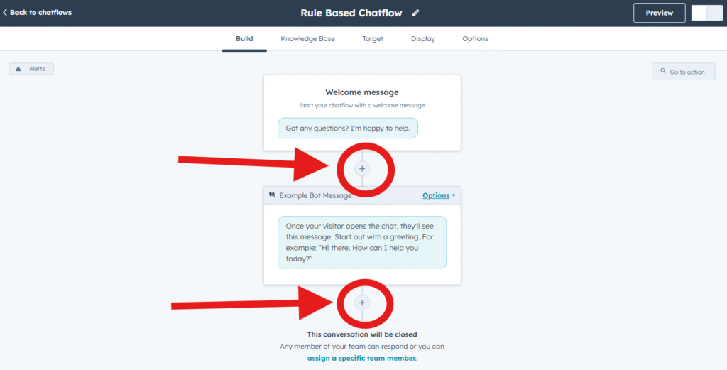 Adding a new action in the HubSpot rule-based chatbot builder by clicking the plus icon to open the action selection sidebar 