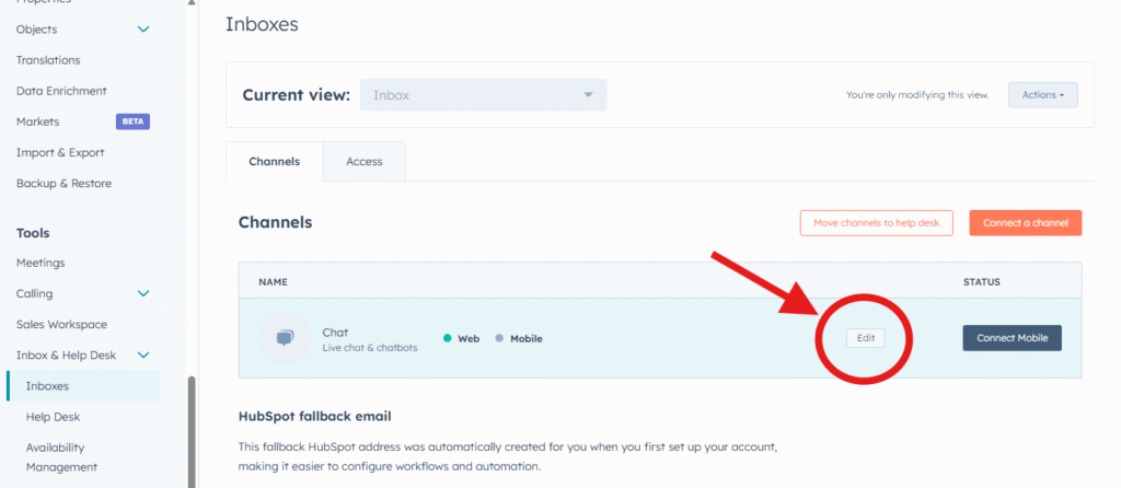 HubSpot settings page showing how to navigate to inbox channel editing to change chat widget appearance 