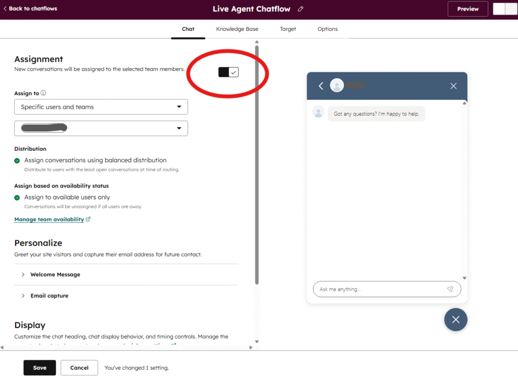image showing the option to enable assignment within a live agent chatflow