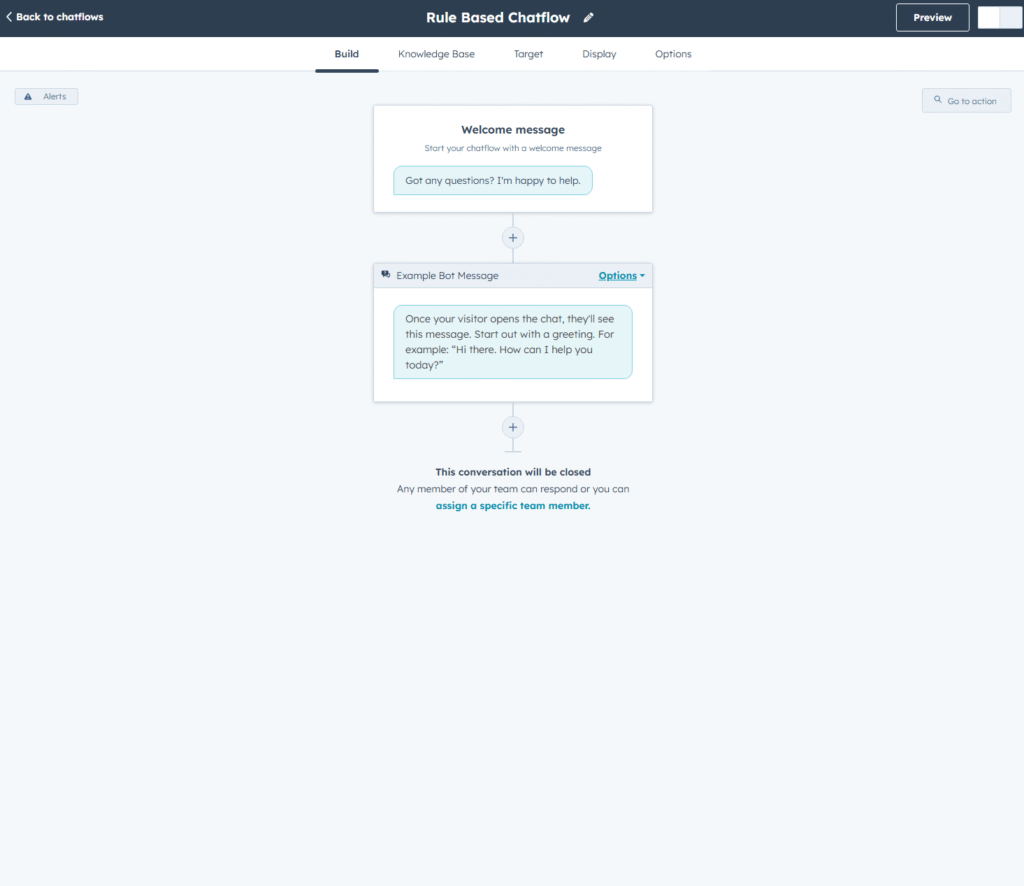 HubSpot rule-based chatflow builder showing a blank start-from-scratch conversation flow with initial action blocks