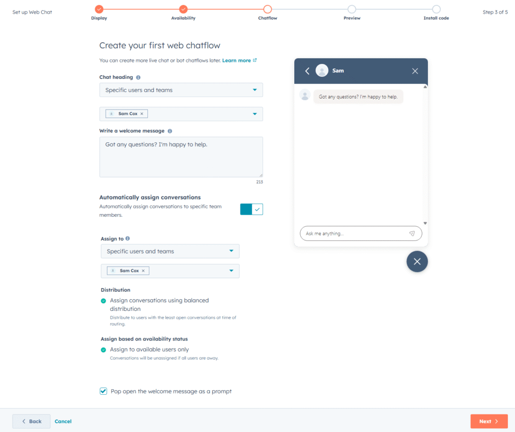 HubSpot create your first web chatflow screen showing chat heading, welcome message, and assignment options with widget preview