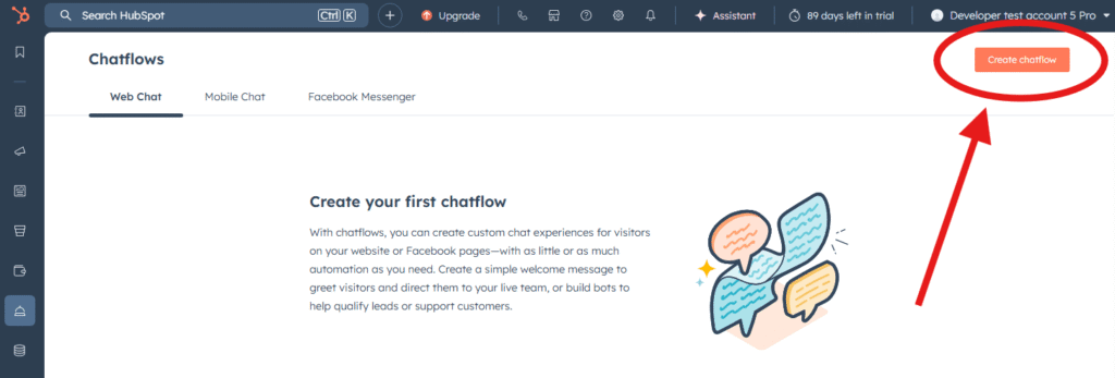 HubSpot Chatflows page with a red arrow pointing to the Create chatflow button