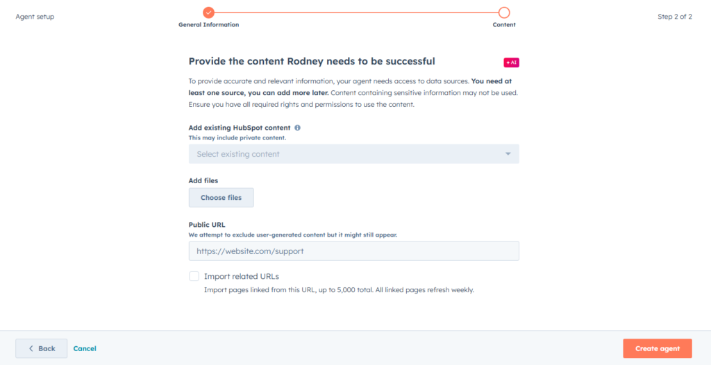 HubSpot Customer Agent knowledge setup page showing options to add content sources, upload files, and provide public URLs for training 