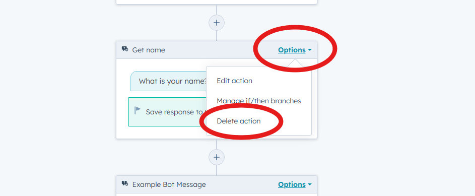Deleting an action from a HubSpot rule-based chatflow using the Options menu and Delete action button 