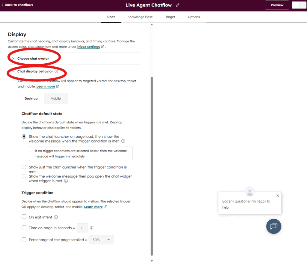 HubSpot Live Agent chatflow display settings showing chat avatar options and chat display behaviour triggers with widget preview