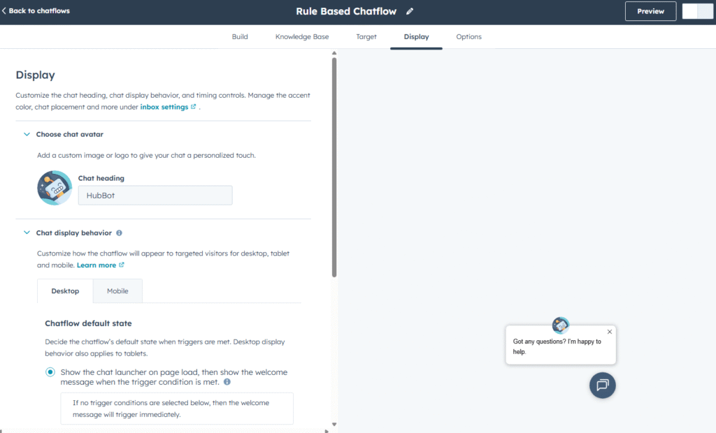 HubSpot rule-based chatflow Display tab showing chat avatar and chat display behaviour trigger options