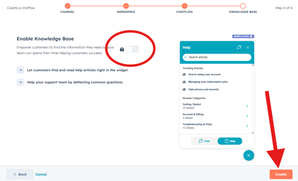 screenshot showing the option to enable HubSpots Knowledge Base feature