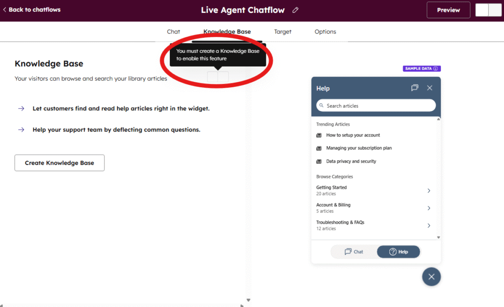 HubSpot Live Agent chatflow Knowledge Base tab showing the option to enable knowledge base search with a tooltip indicating a Knowledge Base must be created first