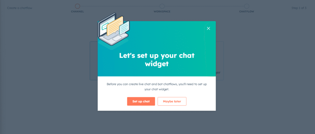 HubSpot "Let's set up your chat widget" popup with Set up chat and Maybe later buttons
