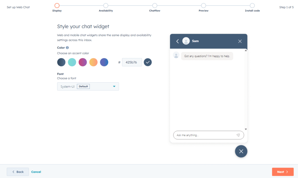 HubSpot chat widget setup screen showing colour scheme and font options with widget preview