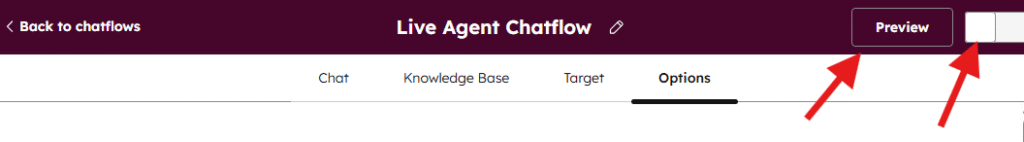 HubSpot Live Agent chatflow header showing Preview button and enable/disable toggle in the top right