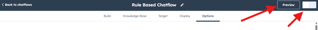 HubSpot rule-based chatflow header showing Preview button and enable/disable toggle 