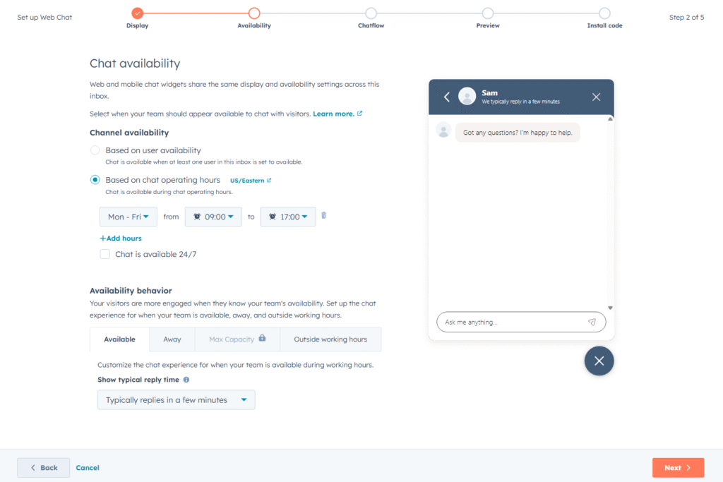 HubSpot chat availability settings showing channel availability options and availability behaviour with widget preview