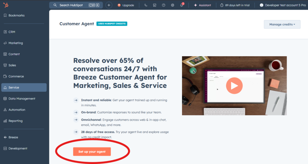 HubSpot Breeze Customer Agent setup page highlighting the Set up your agent button