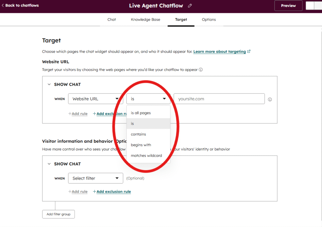 HubSpot chatflow Target tab showing Website URL conditions with a dropdown menu displaying filtering options like "is all pages", "is", "contains", "begins with", and "matches wildcard"