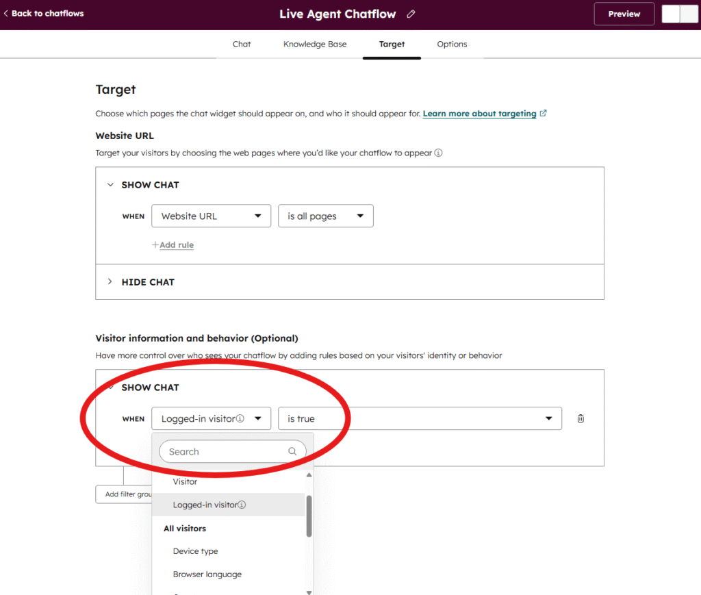 HubSpot chatflow Target tab showing visitor information and behaviour conditions with filtering options including logged-in status, all visitors, device type, and browser language