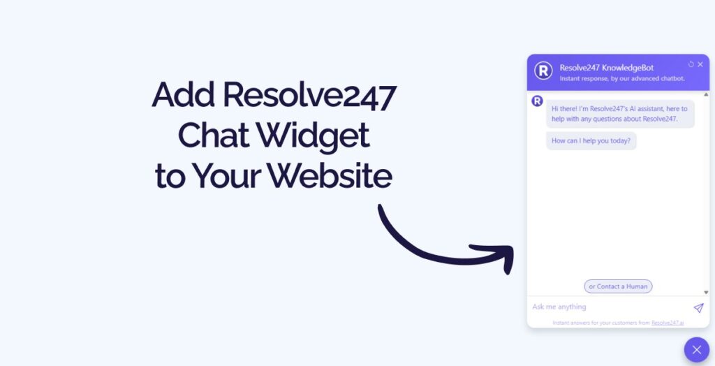 Resolve247 chat widget shown on a website with a greeting message from the KnowledgeBot