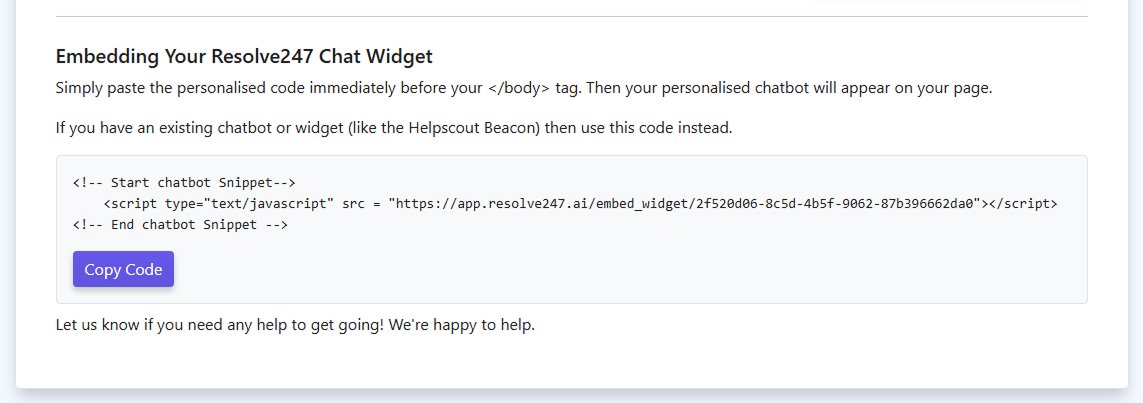 The Embedding Your Resolve247 Chat Widget section in the dashboard, showing the embed snippet and the Copy Code button