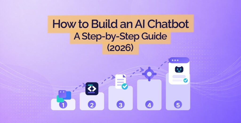 Hero for How to Build an AI Chatbot: a numbered five-step path of icons on a purple gradient