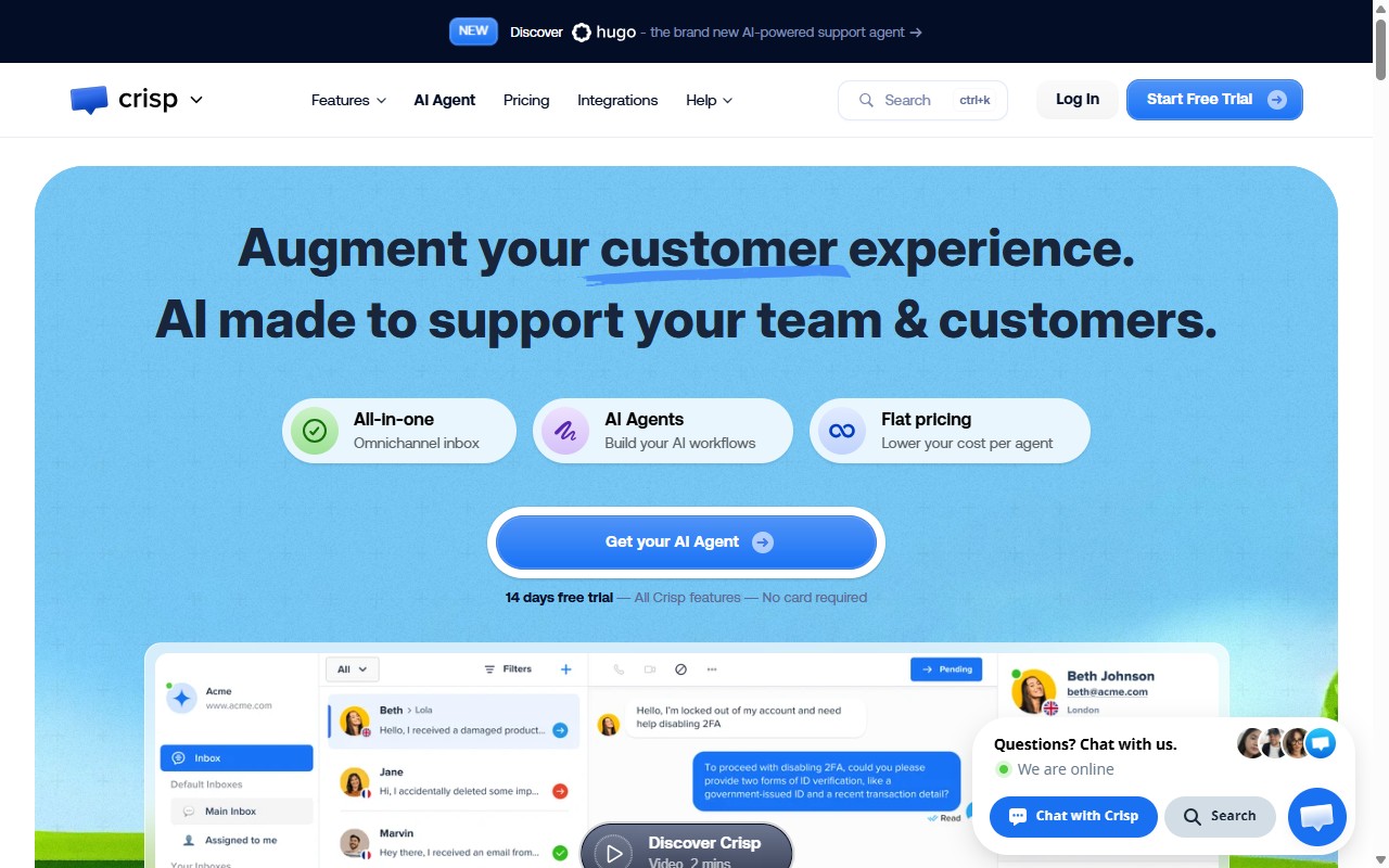 Crisp all-in-one messaging and chatbot builder homepage