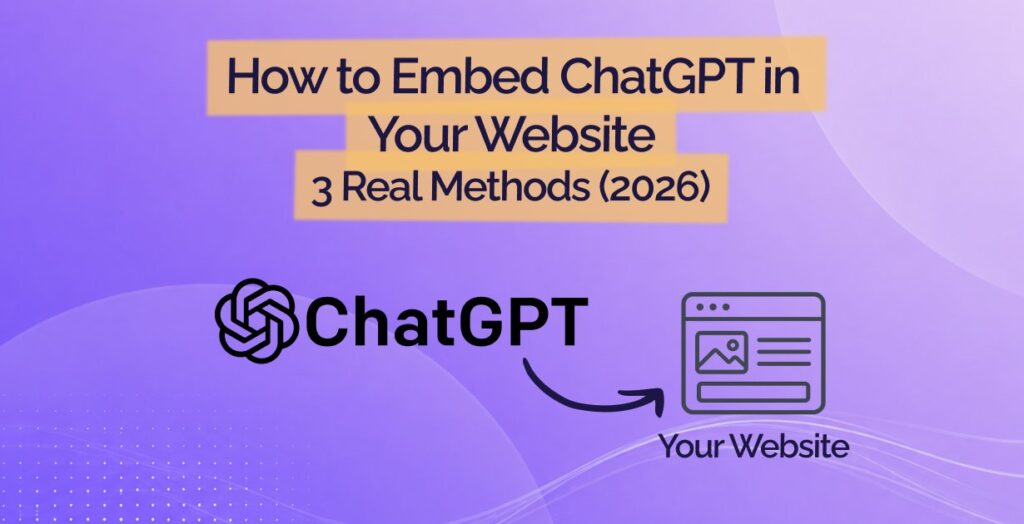 Pink and peach gradient hero banner with the title "Embed ChatGPT in Your Website" on a golden banner, ChatGPT and OpenAI log