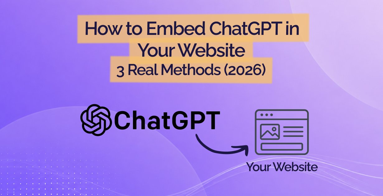 Pink and peach gradient hero banner with the title "Embed ChatGPT in Your Website" on a golden banner, ChatGPT and OpenAI log