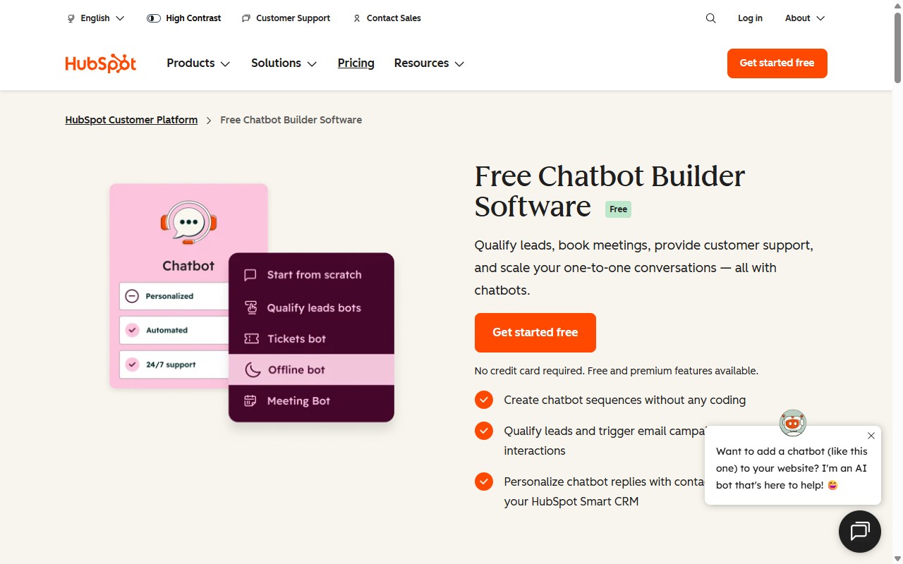 HubSpot free chatbot builder product page
