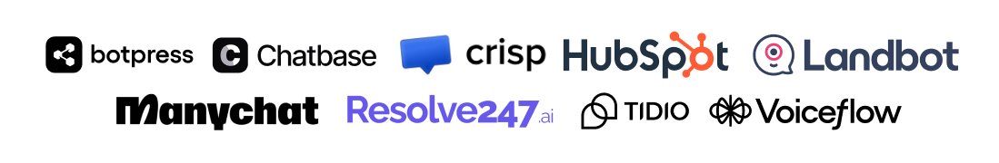 Logos of the nine no-code chatbot builders compared in this guide
