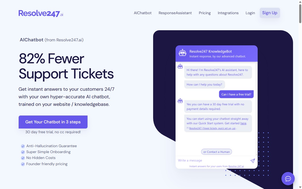 Resolve247 AIChatbot product page, 82% fewer support tickets