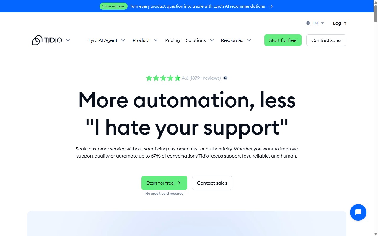 Tidio live chat and chatbot builder homepage