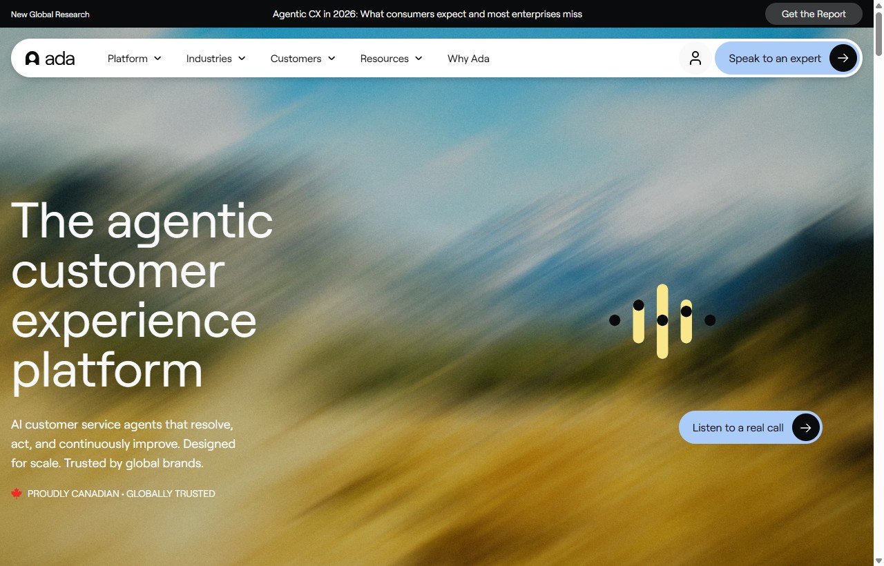 Ada AI customer service agent platform homepage