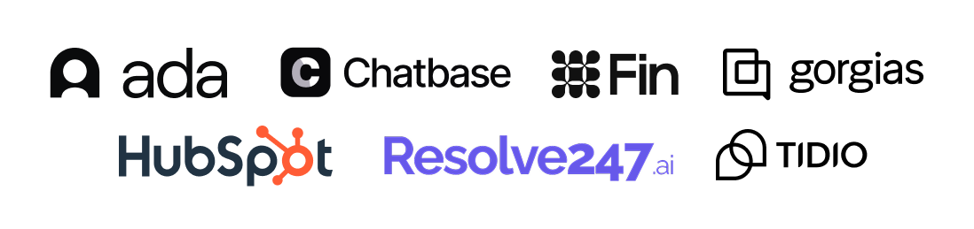Logos of the seven AI customer service chatbots compared: Ada, Chatbase, Fin, Gorgias, HubSpot, Resolve247 and Tidio