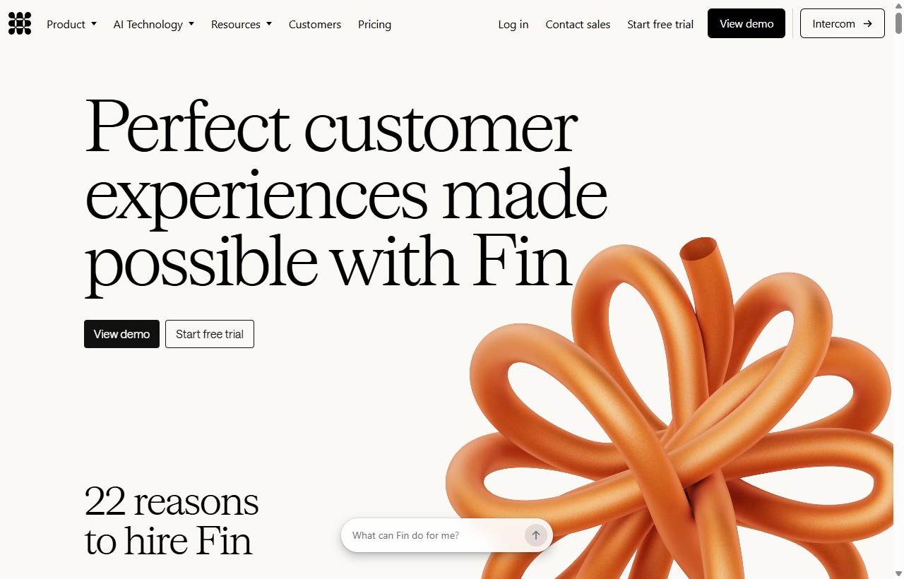 Fin by Intercom AI customer service agent homepage