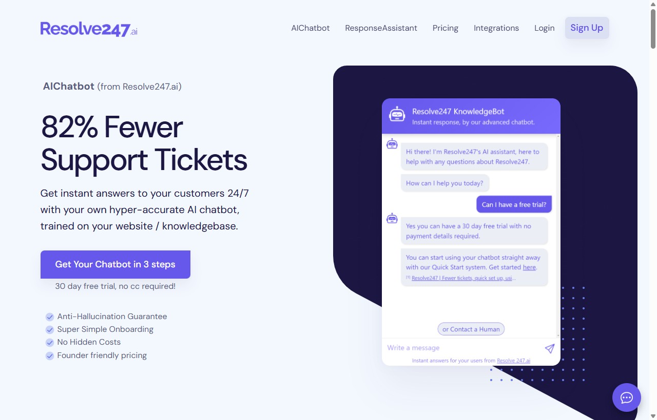 Resolve247 AIChatbot product page, an AI support chatbot for small and medium businesses