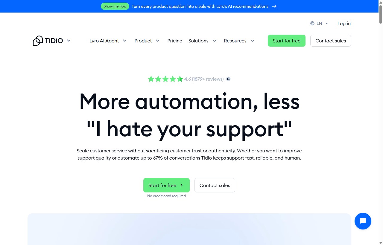 Tidio Lyro AI customer service agent homepage