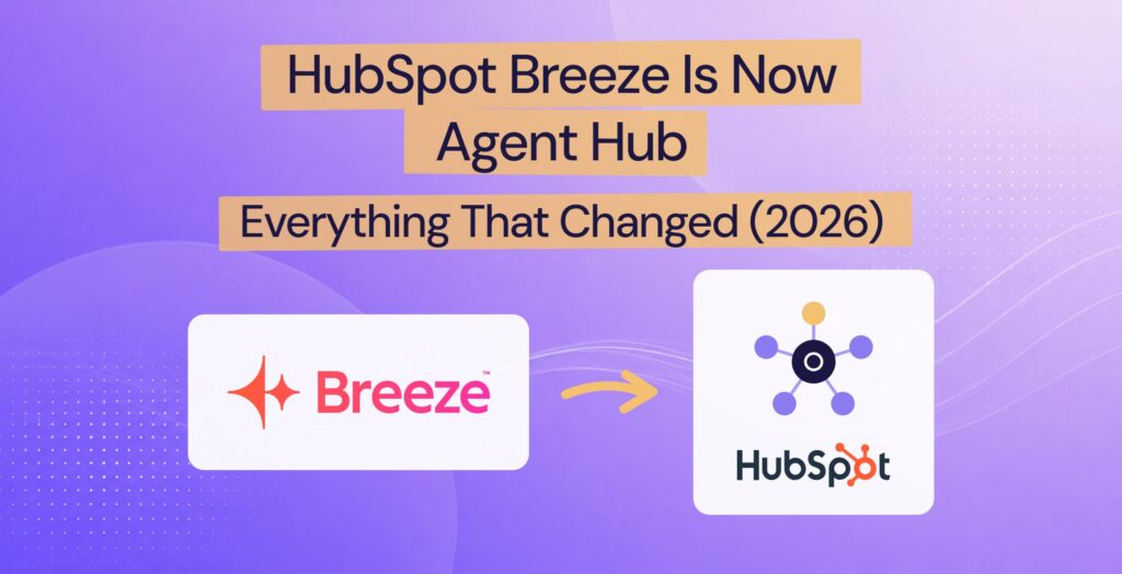 HubSpot Breeze logo with an arrow to a hub-and-spokes diagram and the HubSpot logo, showing the rename to Agent Hub